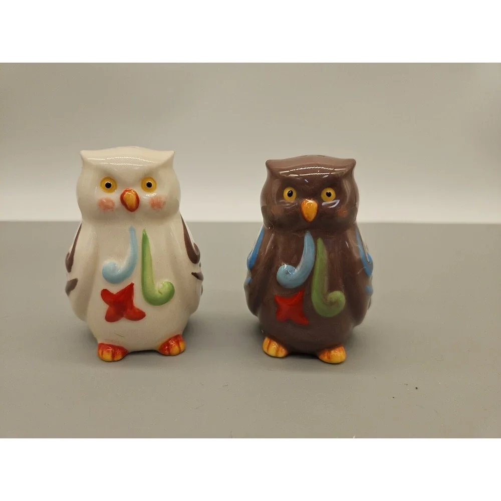 MCM Owl Salt and Pepper Shakers Brown White Colorful 3